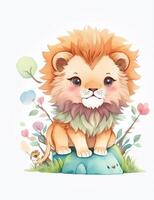 une mignonne illustration de une bébé ancien aquarelle lion. ai généré photo