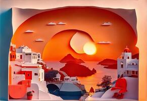 Santorin, Grèce, coucher de soleil, papier art. ai généré photo