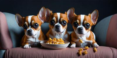 Trois mignonne chihuahua avec pop corn en train de regarder une film dans cinéma. ai généré photo