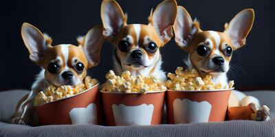 Trois mignonne chihuahua avec pop corn en train de regarder une film dans cinéma. ai généré photo