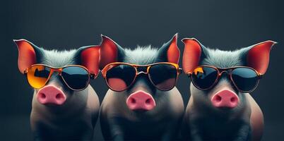 Trois porc avec des lunettes de soleil sur foncé Contexte. ai généré photo