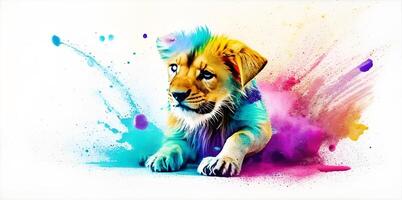 Lion en jouant dans coloré l'eau Couleur , sale avec Couleur éclaboussure ai généré. photo