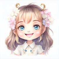 visage de kawaii fille, souriant, aquarelle clipart ai généré. photo