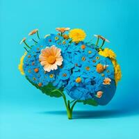 fleurs grandir de le Humain cerveau sur une bleu Contexte papier art. ai généré. photo