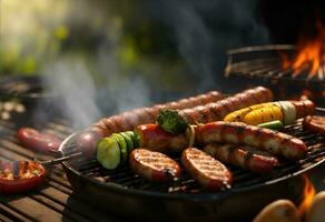 grillé saucisses et des légumes sur une flamboyant un barbecue gril. ai généré photo