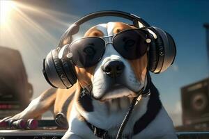 dj beagle avec des lunettes de soleil et écouteurs. ai généré photo