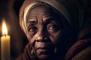 portrait de une très vieux africain femme. ai généré photo