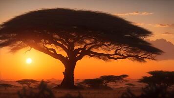 silhouette de acacia arbre dans africain le coucher du soleil. ai généré photo