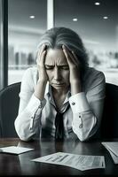 femme d'affaires est assis à une table avec le sien tête dans le sien mains. stress. ai généré photo