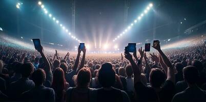 une foule de gens à une vivre événement, concert ou fête en portant mains et les smartphones en haut. ai généré photo