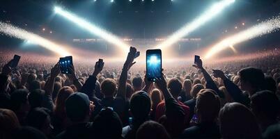 une foule de gens à une vivre événement, concert ou fête en portant mains et les smartphones en haut. ai généré photo