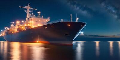 pétrole pétrolier amarré dans un offshore Dock à nuit ou Aube mer. ai généré photo