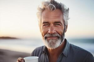 proche en haut portrait de mature Sénior Masculin avec tasse de café. ai généré photo