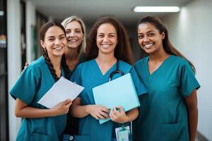 une groupe de médecins dans le couloir de le hôpital. ai généré photo