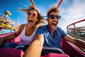 excité couple profiter une palpitant, haute vitesse balade à un amusement parc. ai généré photo