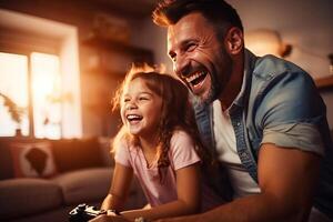 père et fille rire et jouer vidéo Jeux ensemble. ai généré photo