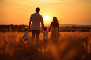 content famille père, mère et enfant fille lancement une cerf-volant sur la nature à le coucher du soleil. ai généré photo