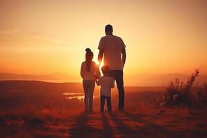 content famille père, mère et enfant fille lancement une cerf-volant sur la nature à le coucher du soleil. ai généré photo