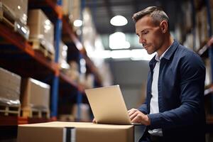 Masculin inventaire directeur en utilisant portable ordinateur dans magasin. ai généré photo