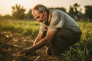 mature homme travail sur champ comme agriculteur. ai généré photo
