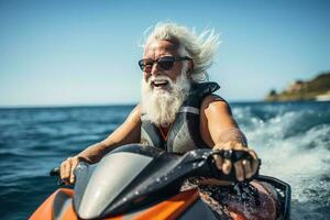 portrait de mature Sénior Masculin sur jet ski. ai généré photo