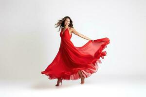 magnifique Jeune femme dans rouge profiter sa dansant isolé sur blanc Contexte . ai généré photo