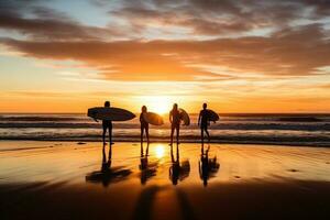 quatre surfeur copains séance sur leur planche de surf sur le le sable en train de regarder le le coucher du soleil . ai généré photo