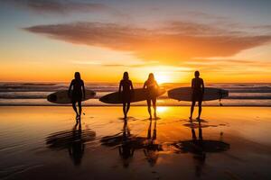 quatre surfeur copains séance sur leur planche de surf sur le le sable en train de regarder le le coucher du soleil . ai généré photo