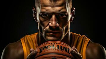 une basketball joueur avec le sien mains sur le balle, dans le style de softbox éclairage, foncé Jaune et foncé marron. ai généré photo