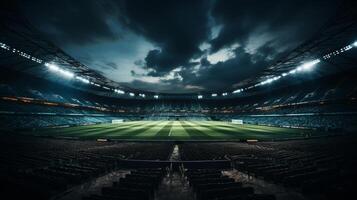 une football stade rempli avec vert herbe et Ventilateurs à nuit, dans le style de foncé gris et lumière cyan. ai généré photo