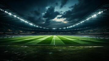 une football stade rempli avec vert herbe et Ventilateurs à nuit, dans le style de foncé gris et lumière cyan. ai généré photo