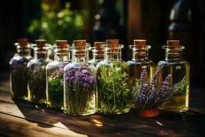 un assortiment de essentiel pétrole bouteilles avec Frais les plantes de lequel ils sont dérivé, comme lavande, menthe poivrée, et Romarin, arrangé sur une en bois surface. ai généré photo