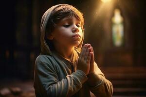 mignonne petit garçon prier dans le église et Jésus donnant bénédiction, cinématique effet, les studios lumière. ai généré photo