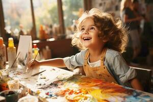 fille en portant une pinceau, orienté vers le caméra, dessin sur une en bois tableau, enfants pièce Contexte. ai généré photo