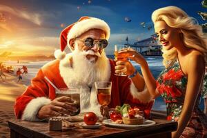 Père Noël claus est dans le plage en buvant martinis avec attrayant femmes. ai généré photo