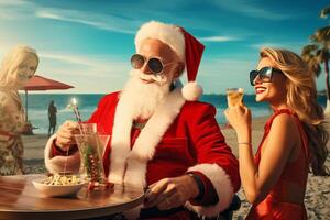 Père Noël claus est dans le plage en buvant martinis avec attrayant femmes. ai généré photo