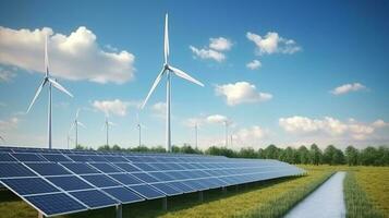 solaire panneaux et vent turbines sur été. ai généré photo