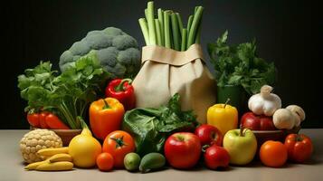 grand sac de des légumes avec différent des fruits et des légumes sur blanc Contexte. ai généré photo