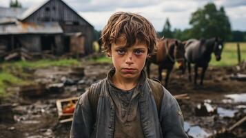 enfant dans une cheval ranch avec une maison. ai généré photo