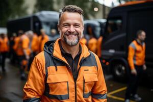 portrait une content Masculin souriant un camion chauffeur récipient. ai généré photo