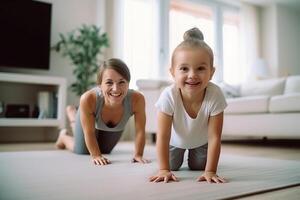 portrait une Jeune mère avec sa fils Faire élongation. ai généré photo