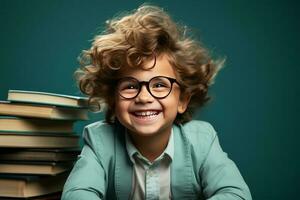 portrait de une content enfant peu garçon avec des lunettes séance sur une empiler de livres et en train de lire une livres. ai généré photo