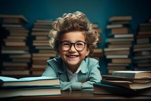 portrait de une content enfant peu garçon avec des lunettes séance sur une empiler de livres et en train de lire une livres. ai généré photo