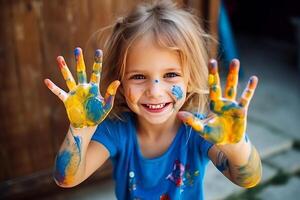 portrait de une marrant enfant fille spectacles mains sale avec peindre. ai généré photo