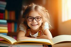 portrait de une content enfant peu fille avec des lunettes séance sur une empiler de livres et en train de lire une livres. ai généré photo