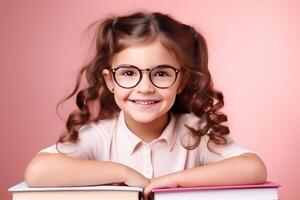 portrait de une content enfant peu fille avec des lunettes séance sur une empiler de livres et en train de lire une livres, lumière rose Contexte. ai généré photo