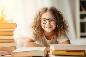 portrait de une content enfant peu fille avec des lunettes séance sur une empiler de livres et en train de lire une livres. ai généré photo