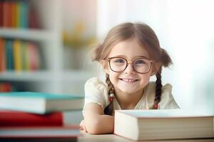 portrait de une content enfant peu fille avec des lunettes séance sur une empiler de livres et en train de lire une livres. ai généré photo