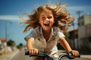 portrait de une peu fille équitation vélo, flou bleu ciel Contexte. ai généré photo