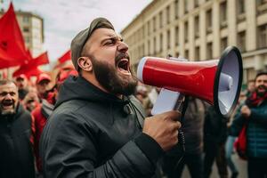 portrait de une homme des cris dans une mégaphone pendant une manifestation. ai généré photo